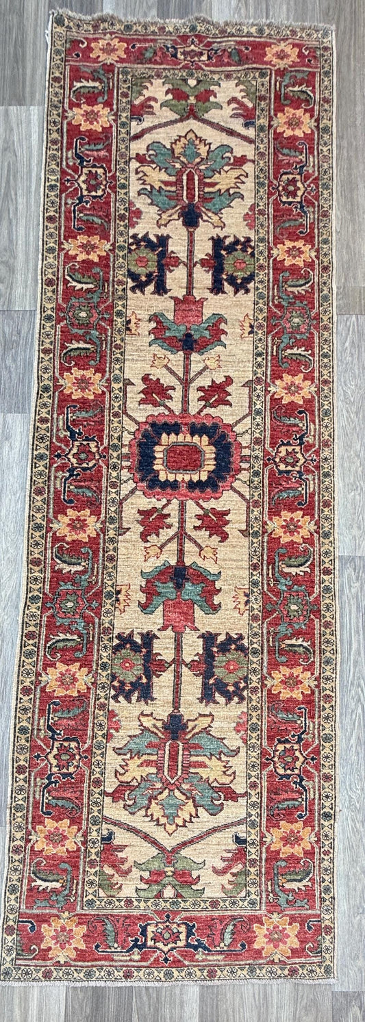3x10 ft Vintage 1990s Heriz Runner Rug: Hand Knotted Wool Carpet, Beige Oriental Hallway & Entryway Rug