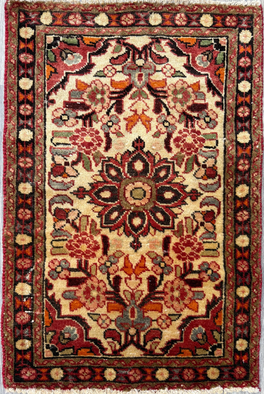 2x3 ft 1960s Kashan Wool Rug: Geometric Vintage Accent Rug