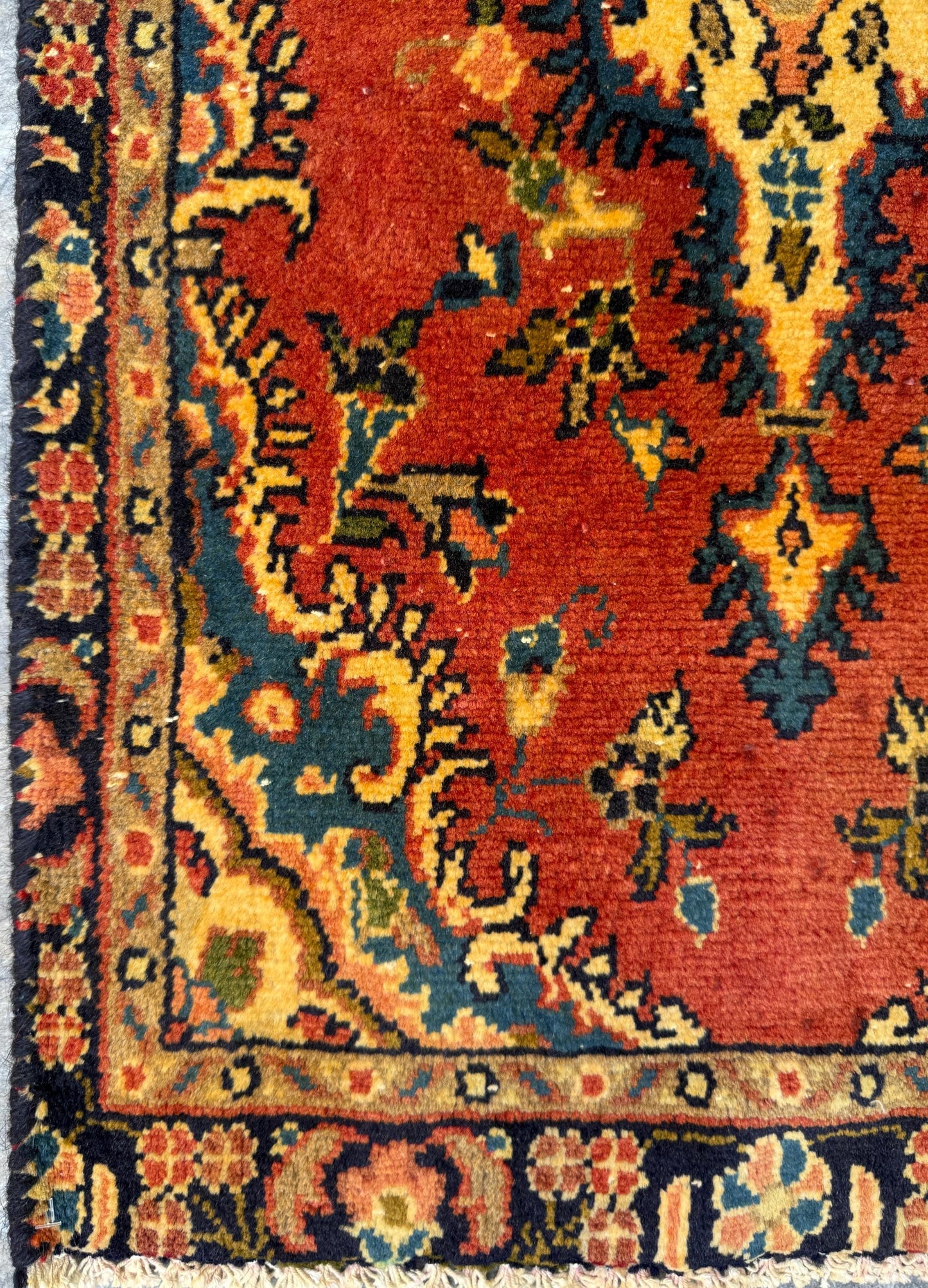 1.7x3 ft Vintage Entryway Rug: 1930s Hand-Knotted Wool, Geometric Accent