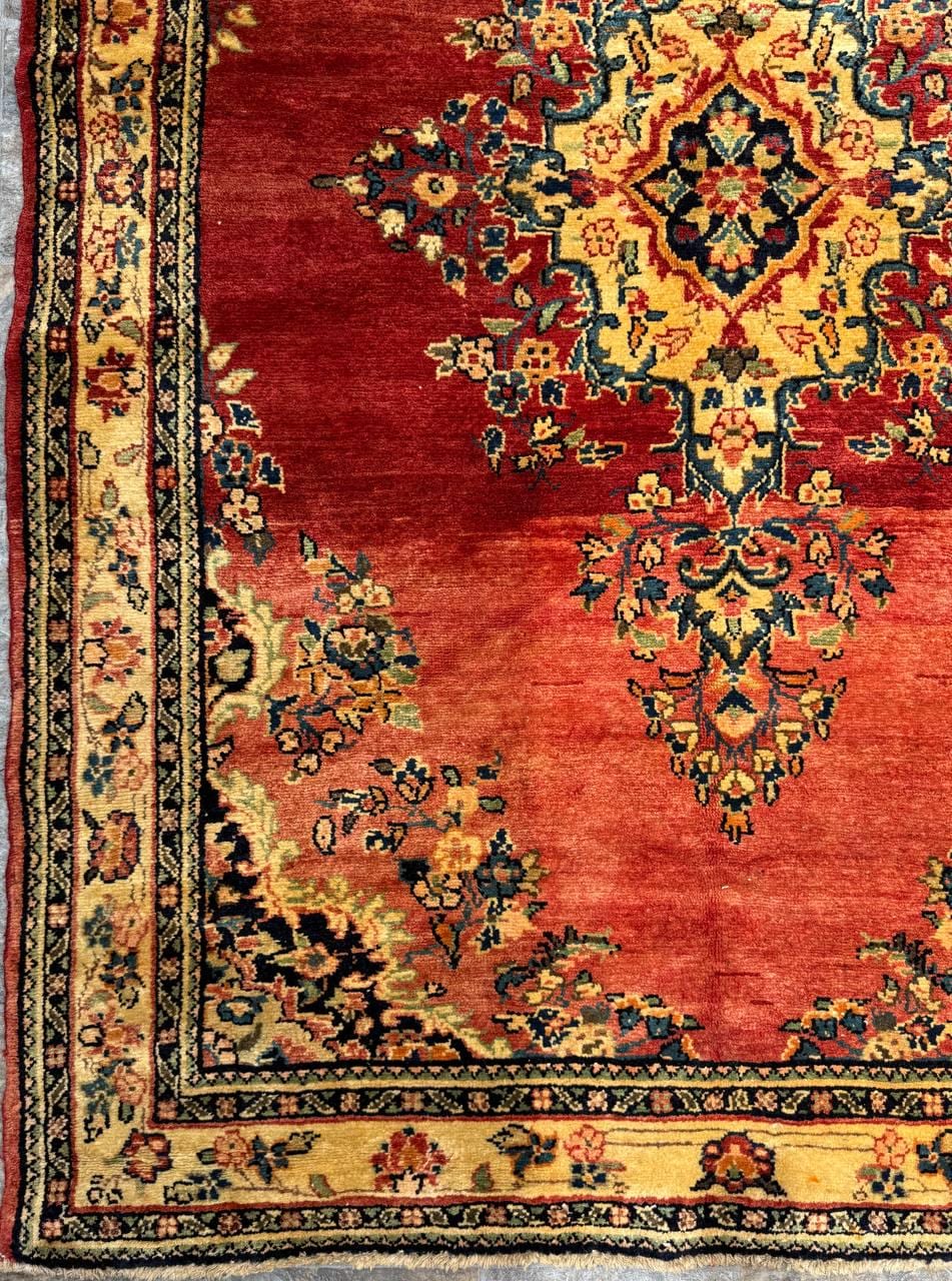 4.5x7 ft Vintage 1950s Kashan Floral Rug: Hand-Knotted Wool Carpet,  Red & Gold Medallion Floral Design, Oriental  Accent