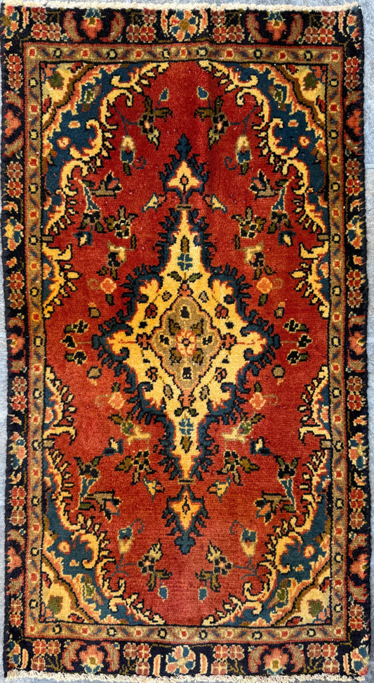 1.7x3 ft Vintage Entryway Rug: 1930s Hand-Knotted Wool, Geometric Accent
