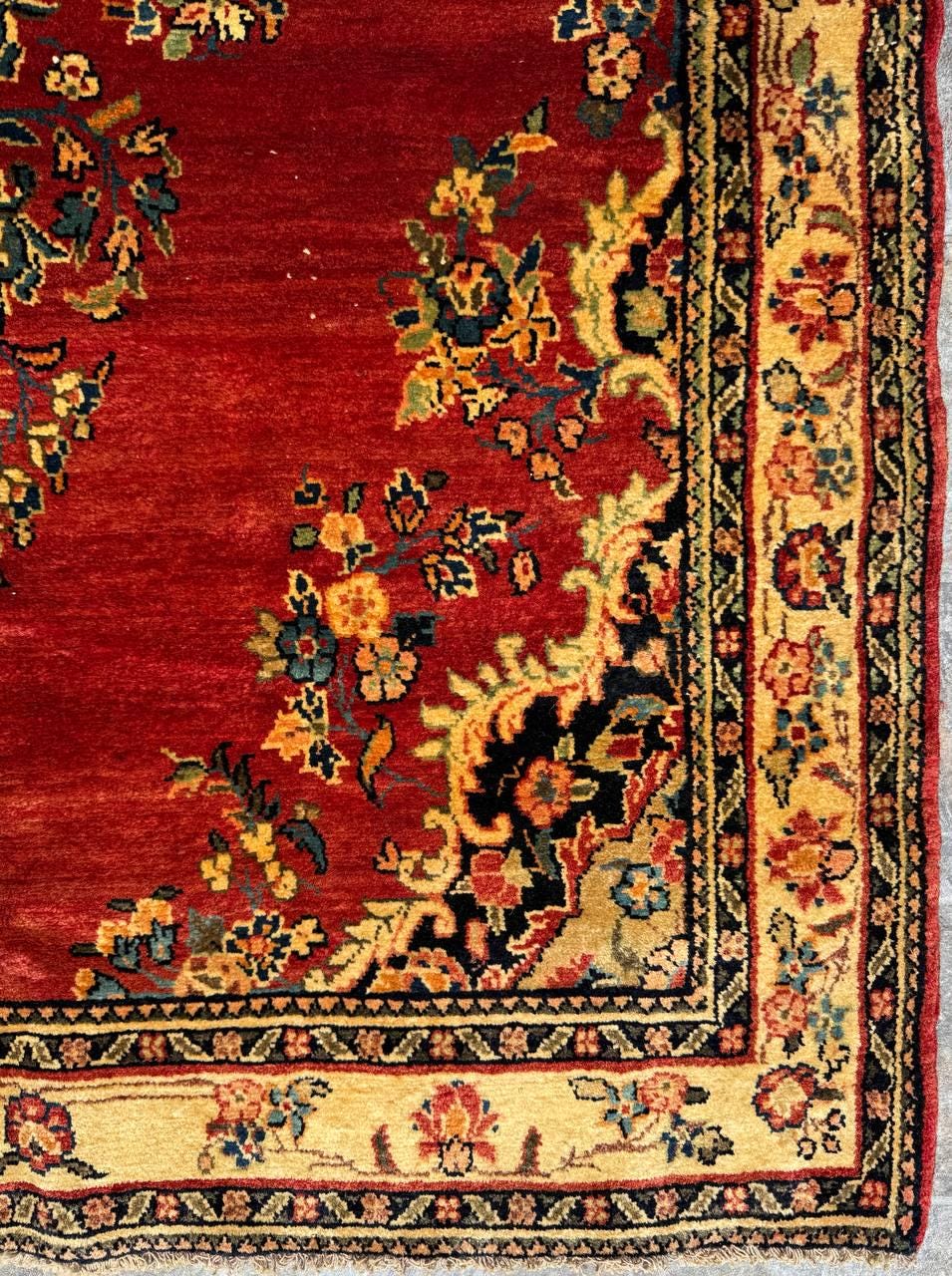 4.5x7 ft Vintage 1950s Kashan Floral Rug: Hand-Knotted Wool Carpet,  Red & Gold Medallion Floral Design, Oriental  Accent