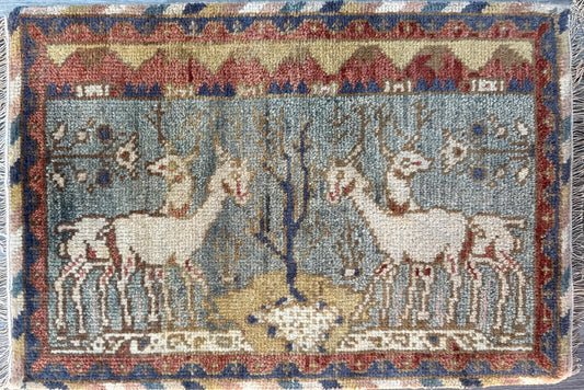 2x3 ft Bohemian Oushak Rug: Hand-Knotted Deer Design Accent Wool Carpet