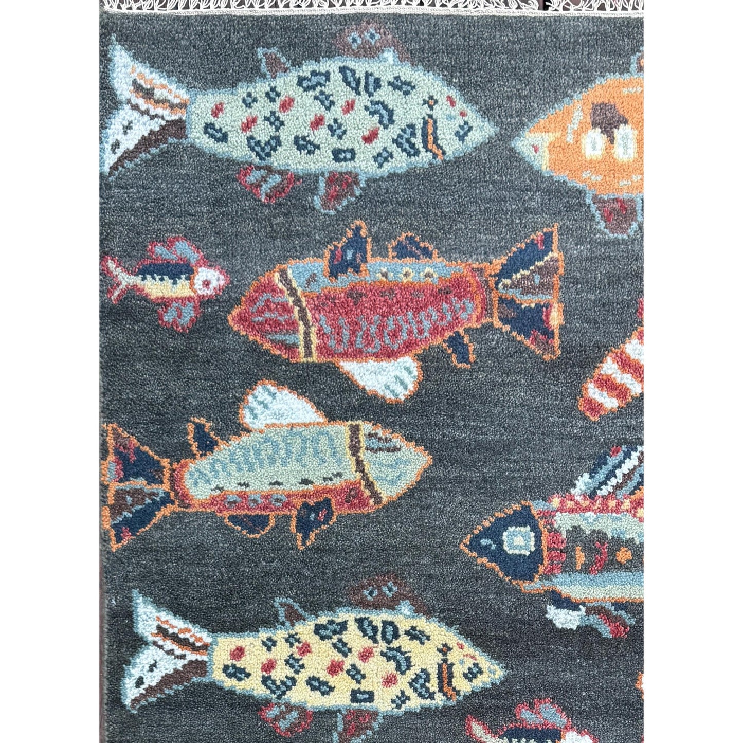 Modern Turkish Fish Design Rug 3x5.1, Hand Knotted Wool Sea Animal Pattern, Bohemian Accent