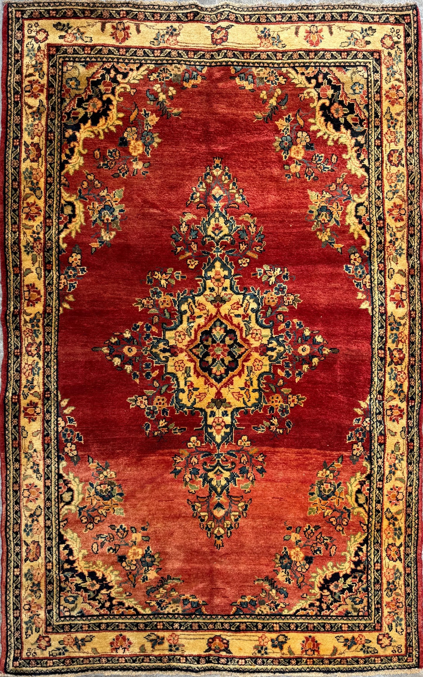 4.5x7 ft Vintage 1950s Kashan Floral Rug: Hand-Knotted Wool Carpet,  Red & Gold Medallion Floral Design, Oriental  Accent