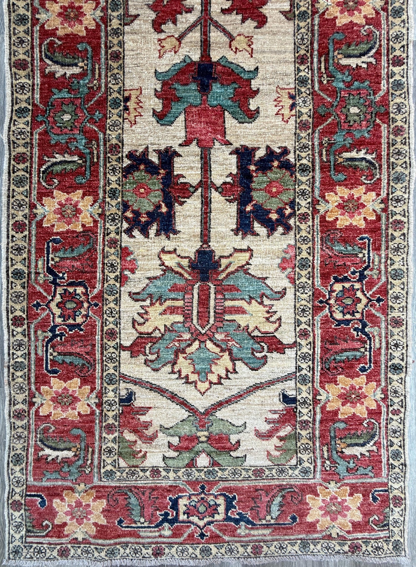 3x10 ft Vintage 1990s Heriz Runner Rug: Hand Knotted Wool Carpet, Beige Oriental Hallway & Entryway Rug