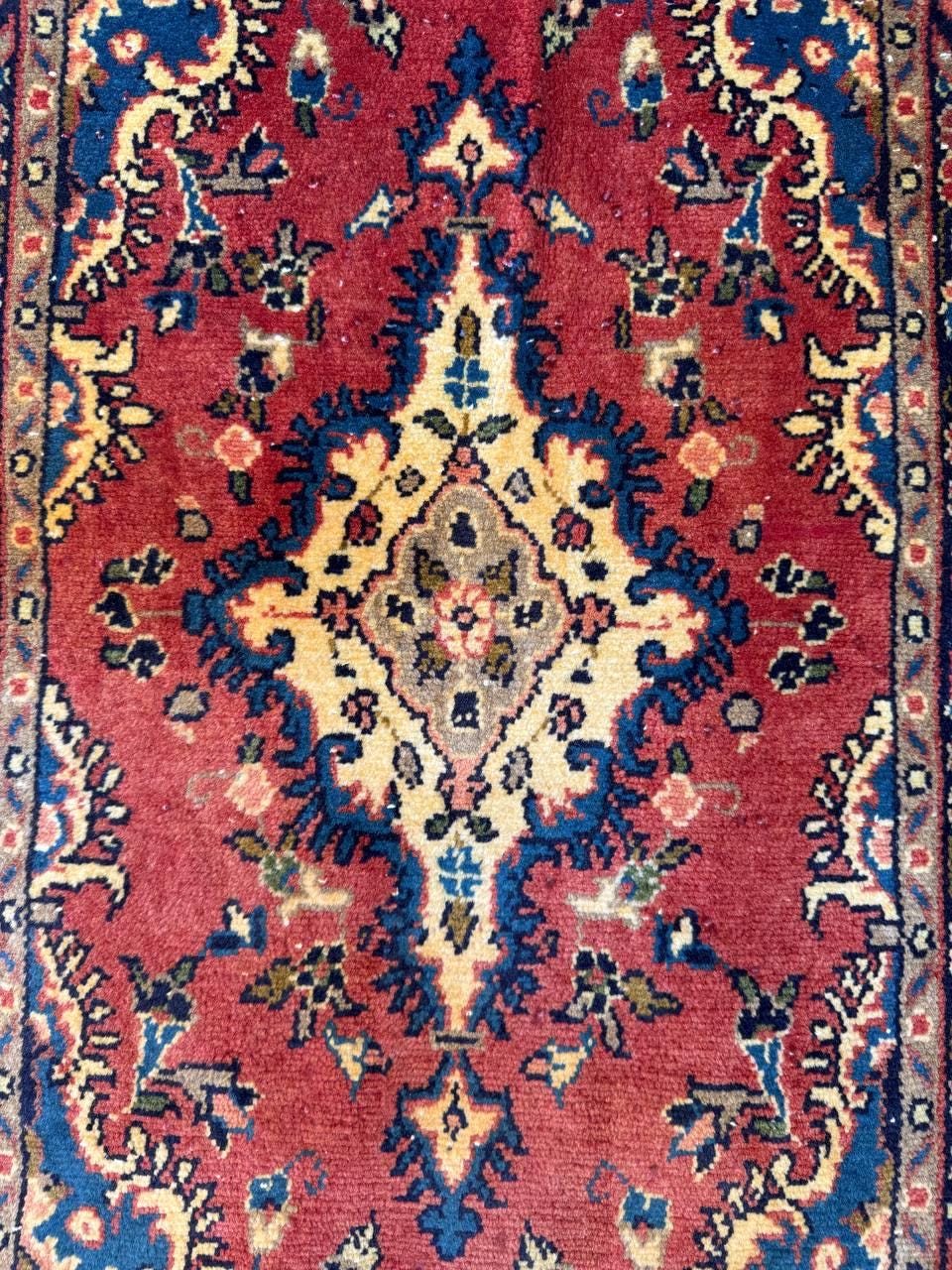 1.7x3 ft Vintage Entryway Rug: 1930s Hand-Knotted Wool, Geometric Accent