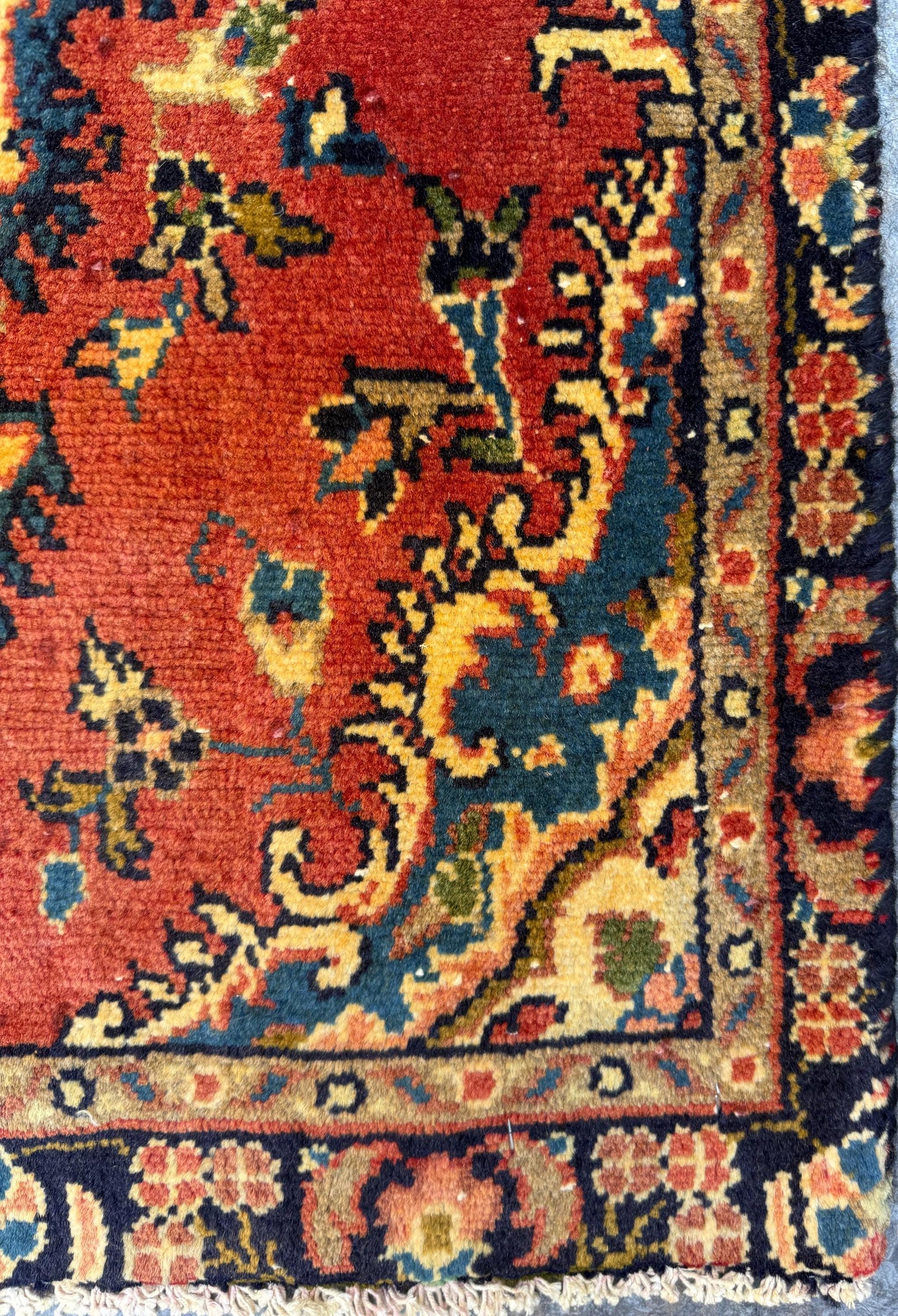 1.7x3 ft Vintage Entryway Rug: 1930s Hand-Knotted Wool, Geometric Accent