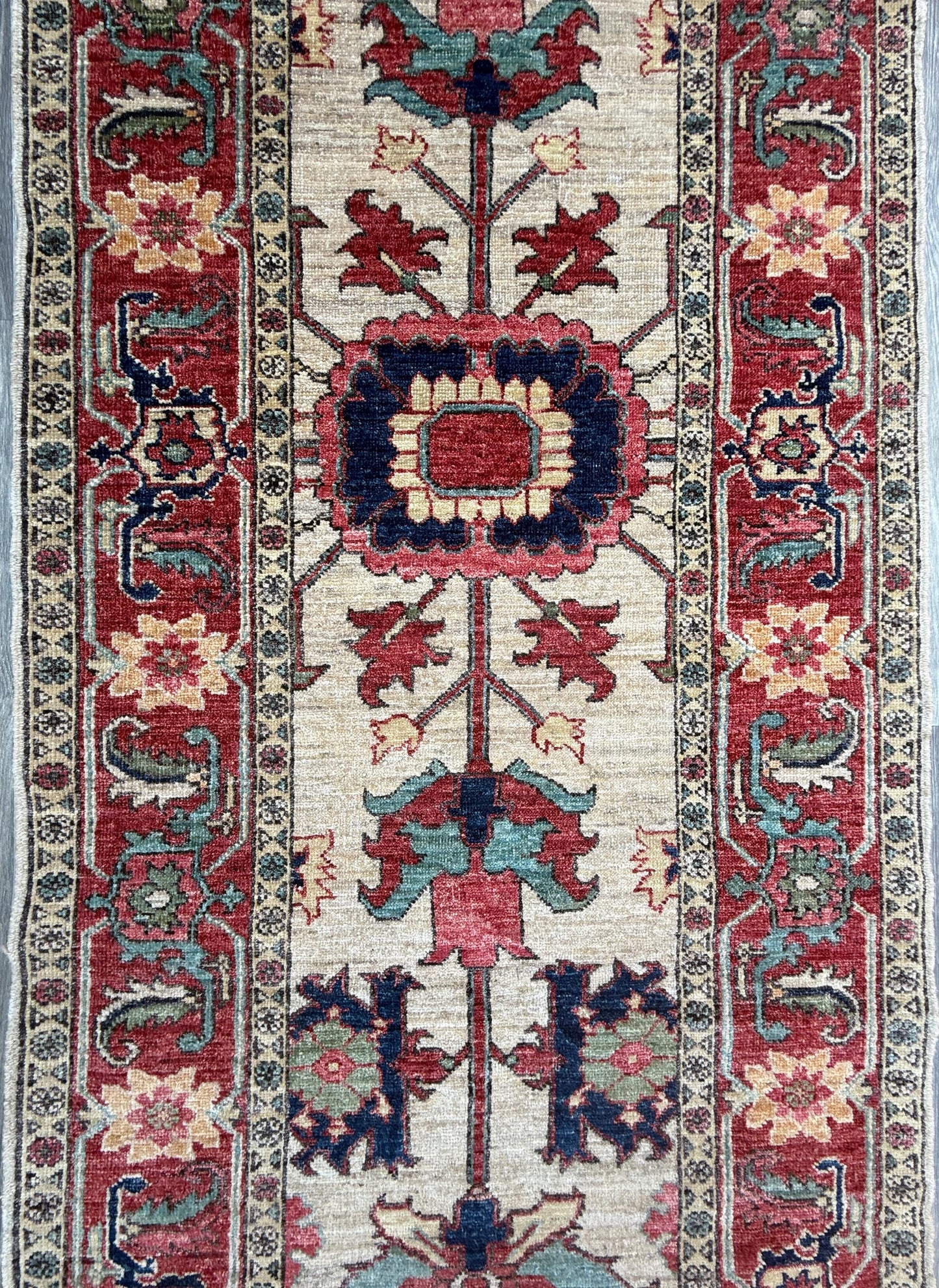 3x10 ft Vintage 1990s Heriz Runner Rug: Hand Knotted Wool Carpet, Beige Oriental Hallway & Entryway Rug