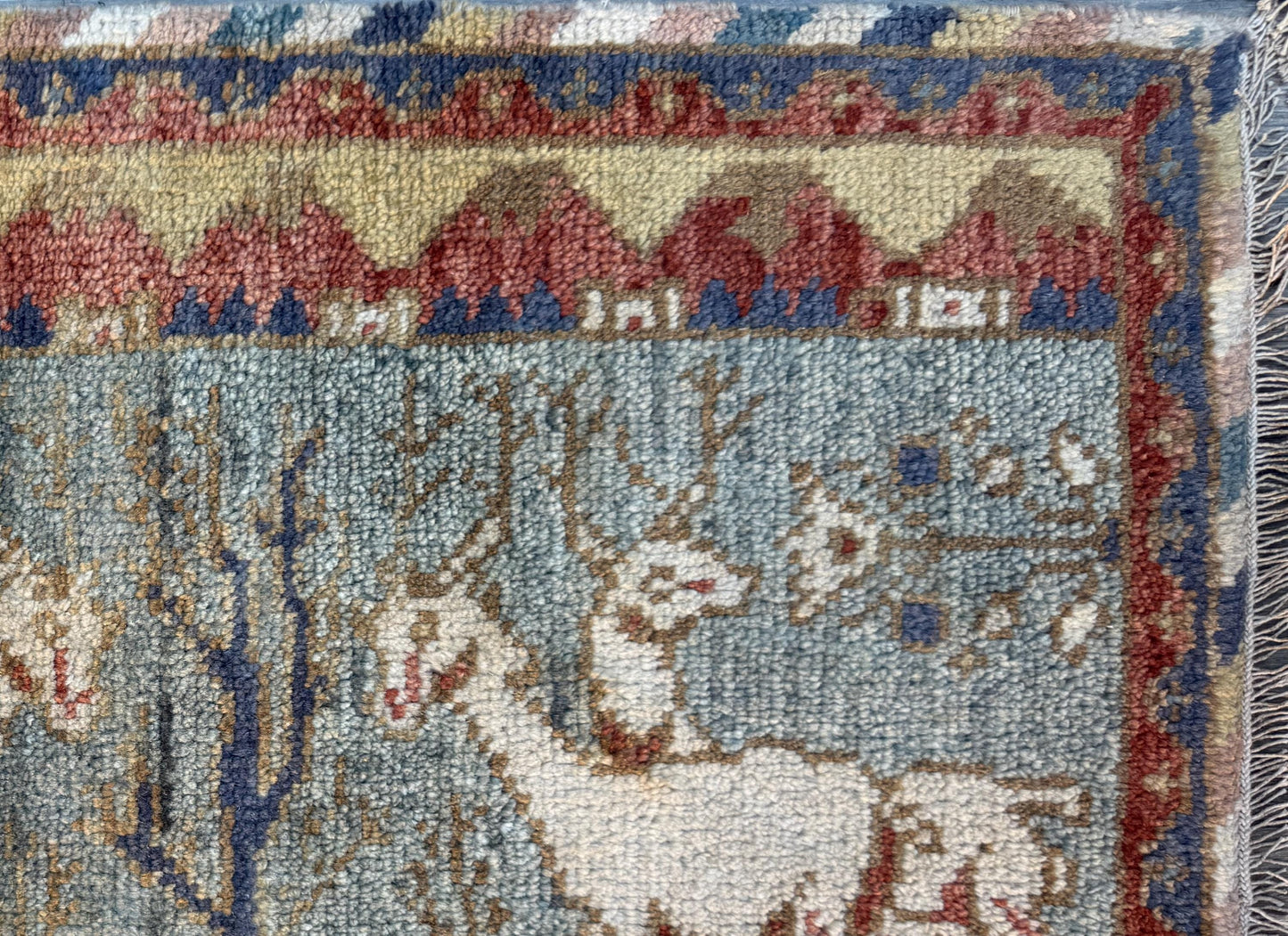 2x3 ft Bohemian Oushak Rug: Hand-Knotted Deer Design Accent Wool Carpet