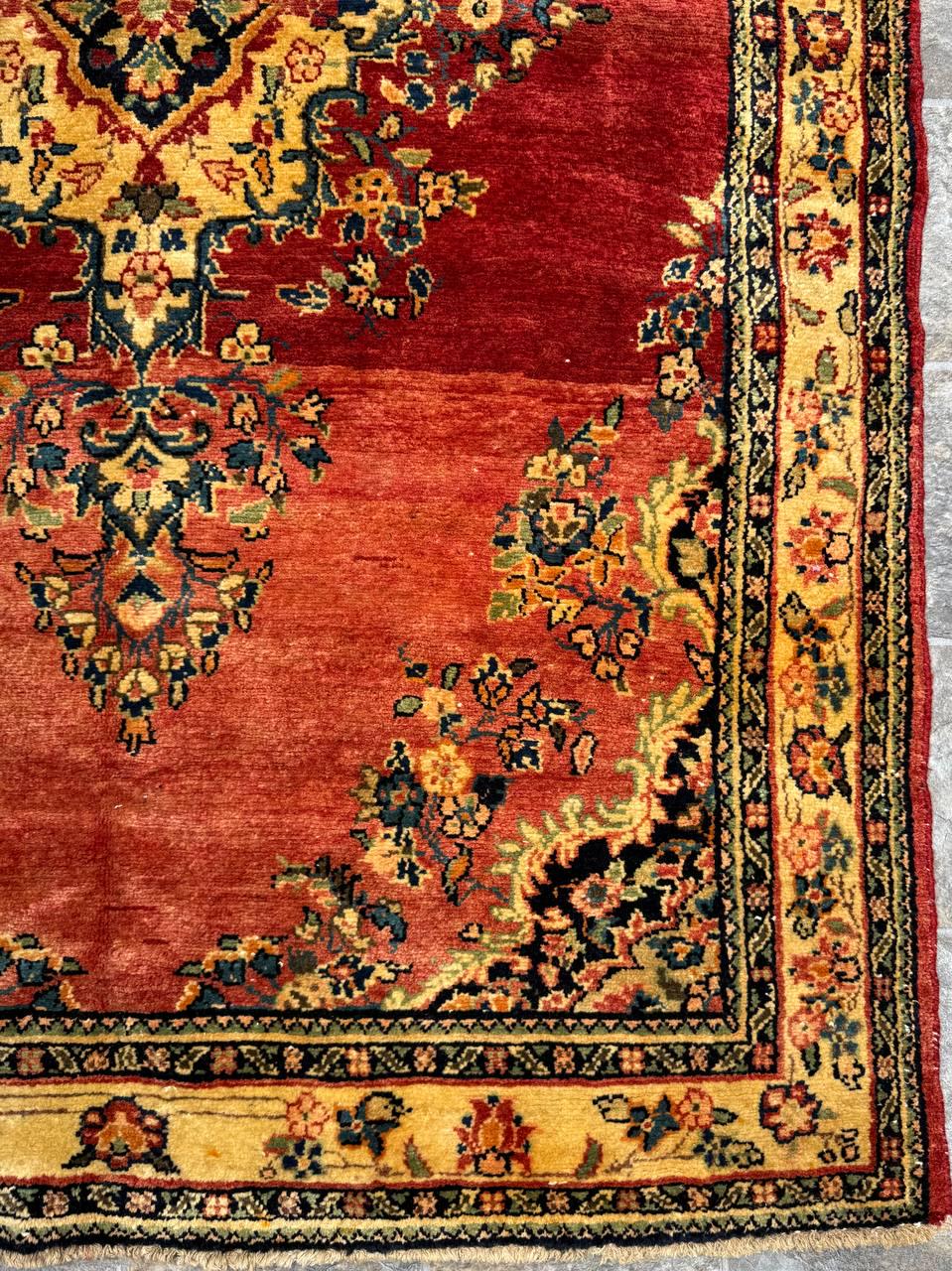 4.5x7 ft Vintage 1950s Kashan Floral Rug: Hand-Knotted Wool Carpet,  Red & Gold Medallion Floral Design, Oriental  Accent