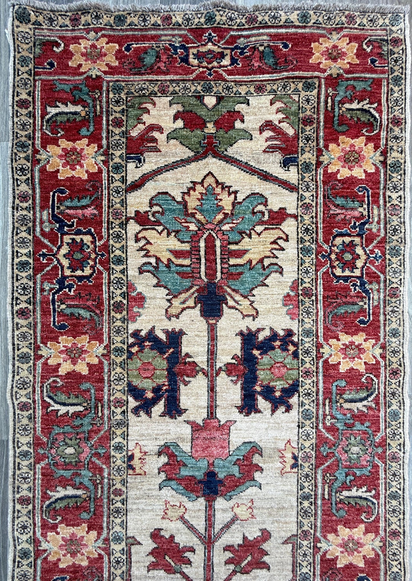3x10 ft Vintage 1990s Heriz Runner Rug: Hand Knotted Wool Carpet, Beige Oriental Hallway & Entryway Rug
