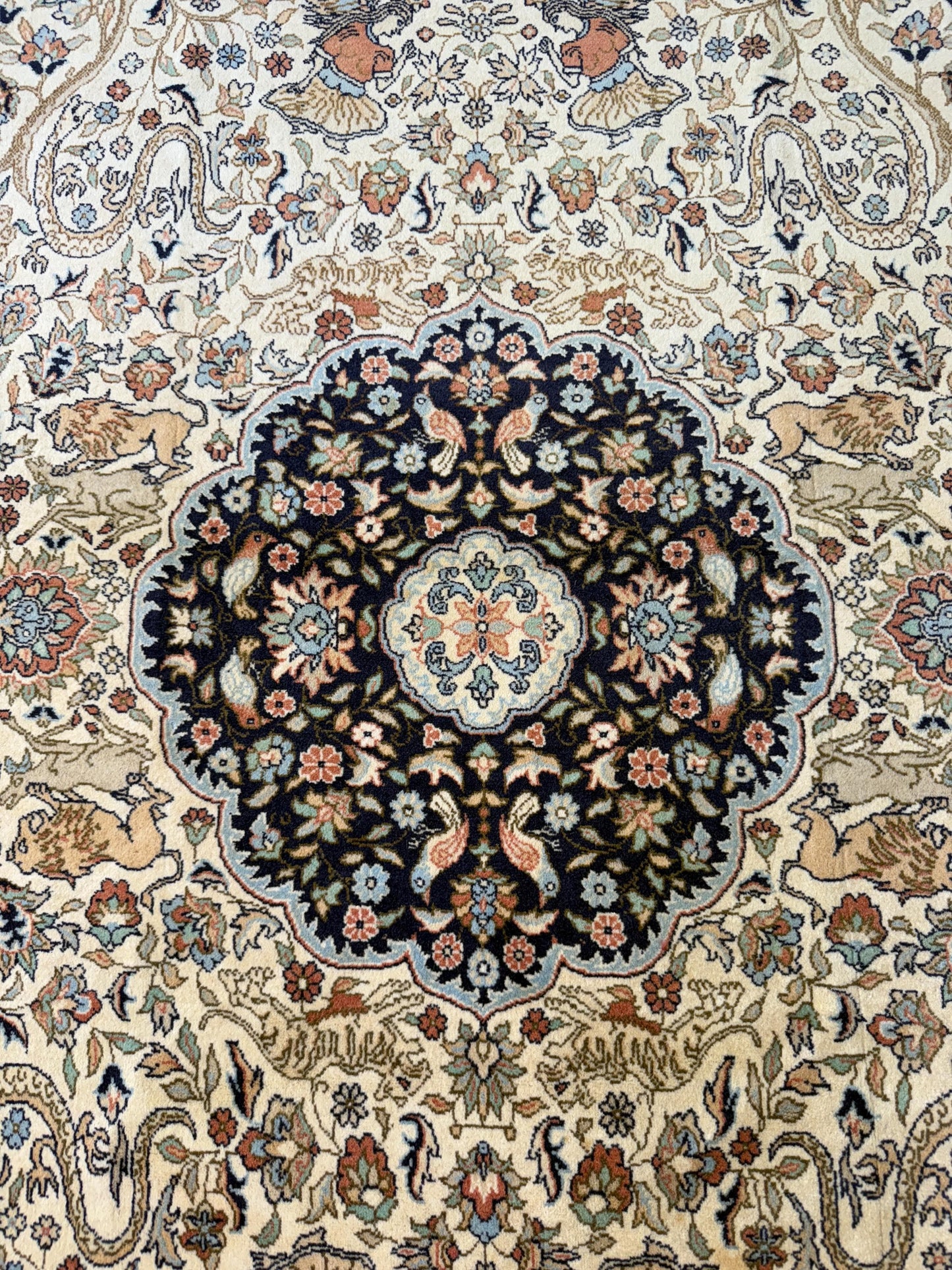 8x4 ft Vintage Wool Rug: Hand Knotted Hunting Scene Carpet with Medallion Design