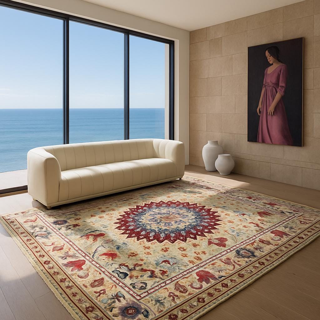 turkish oushak rug, tree of life rug, 8x10 wool rug, 245x305cm area rug, handmade turkish carpet, boho wool rug, hand knotted oushak rug, multicolored oriental rug, symbolic area rug, turkish tree of life, oushak rug bohemian, living room rug wool, traditional turkish rug, artisan wool rug, spiritual rug decor, large boho rug