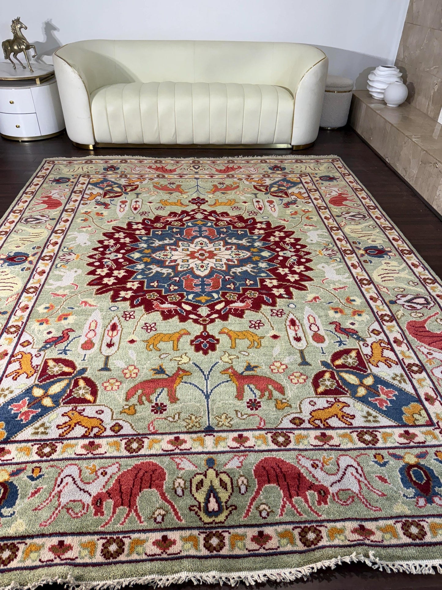 turkish oushak rug, tree of life rug, 8x10 wool rug, 245x305cm area rug, handmade turkish carpet, boho wool rug, hand knotted oushak rug, multicolored oriental rug, symbolic area rug, turkish tree of life, oushak rug bohemian, living room rug wool, traditional turkish rug, artisan wool rug, spiritual rug decor, large boho rug