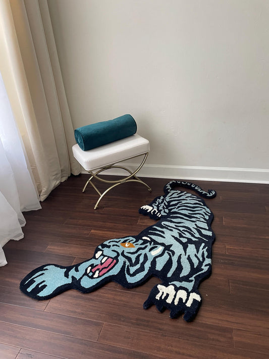 3 x5 ft Handmade Wool Crouching Tiger Rug: Boho Safari Nursery Decor