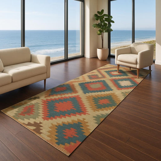 2x10 ft Handwoven Scandinavian Kilim Runner Rug: Wool Anatolian Flatweave