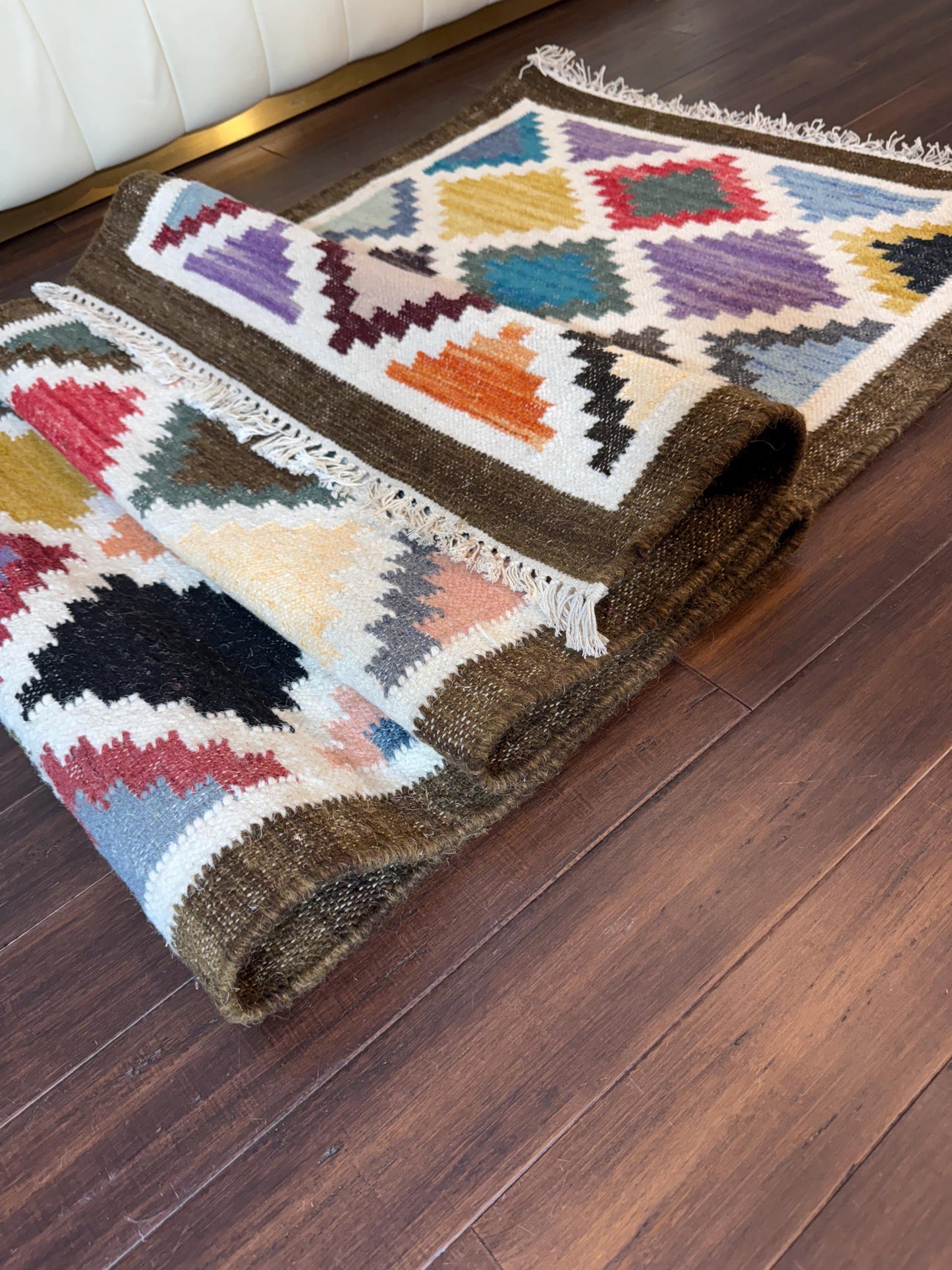 2.6x8 ft Oushak Runner Rug: Handwoven Wool Kilim, Geometric Farmhouse Style