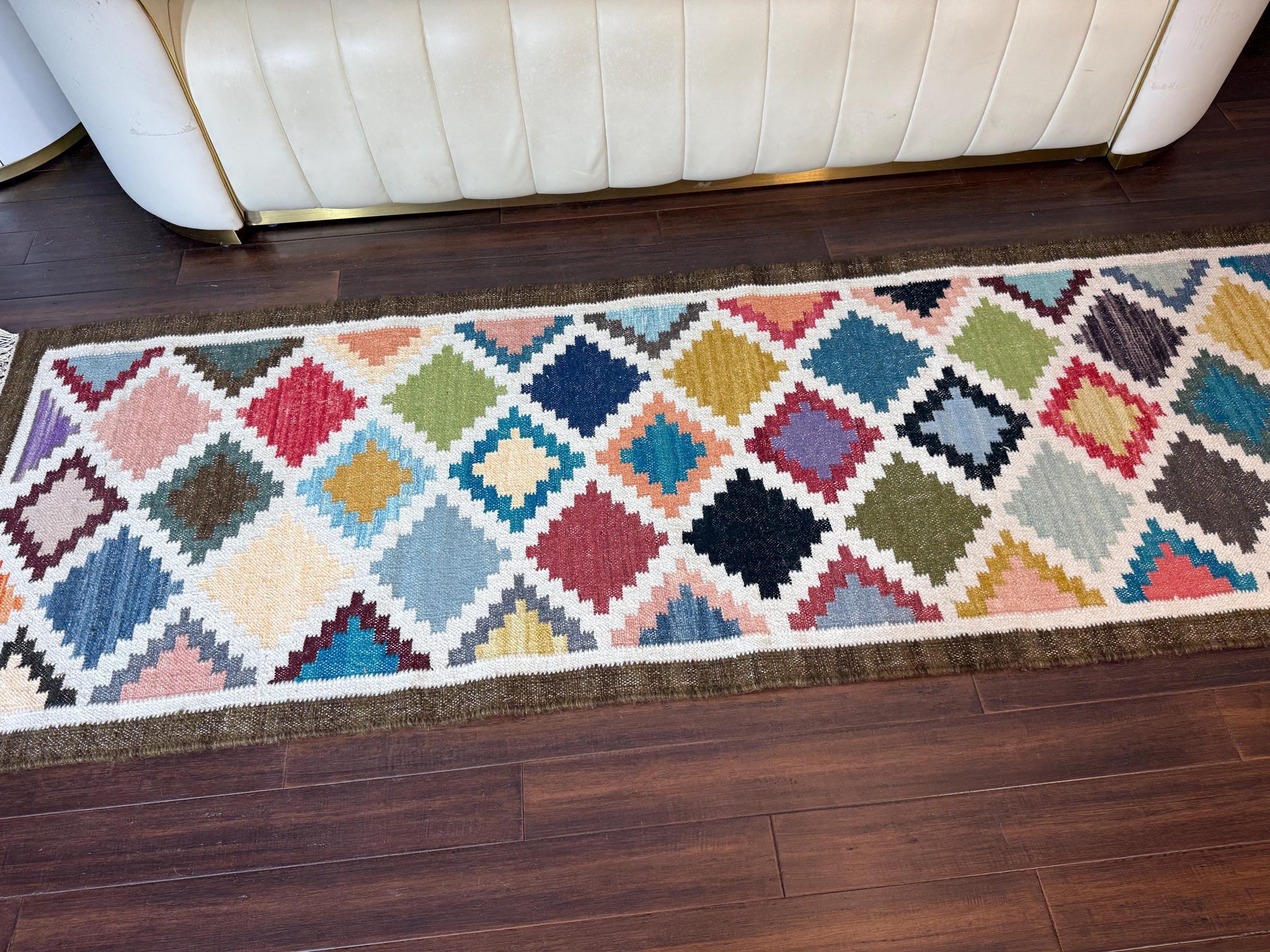 2.6x8 ft Oushak Runner Rug: Handwoven Wool Kilim, Geometric Farmhouse Style