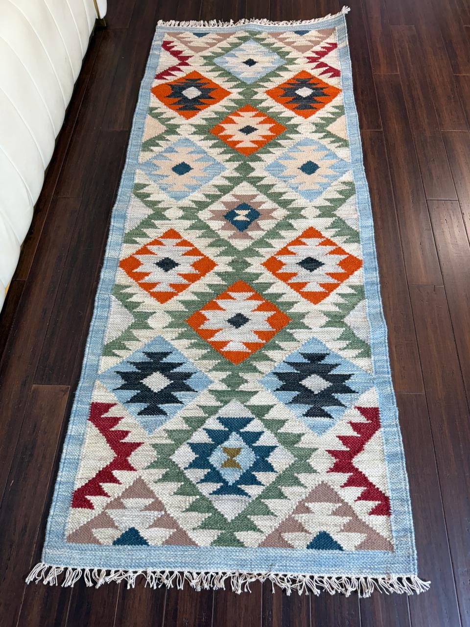 2x6 ft Handwoven Wool Kilim Runner Rug: Modern Anatolian Design