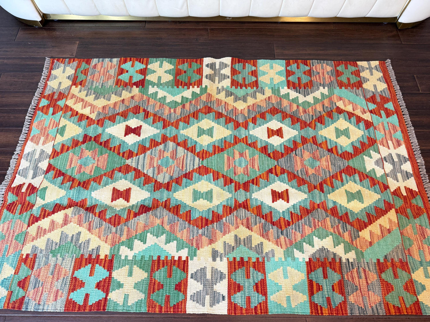 3.5x5 ft Hand-Knotted Wool Chobi Kilim Rug: Geometric Tribal Design