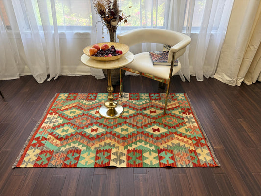 3.5x5 ft Hand-Knotted Wool Chobi Kilim Rug: Geometric Tribal Design