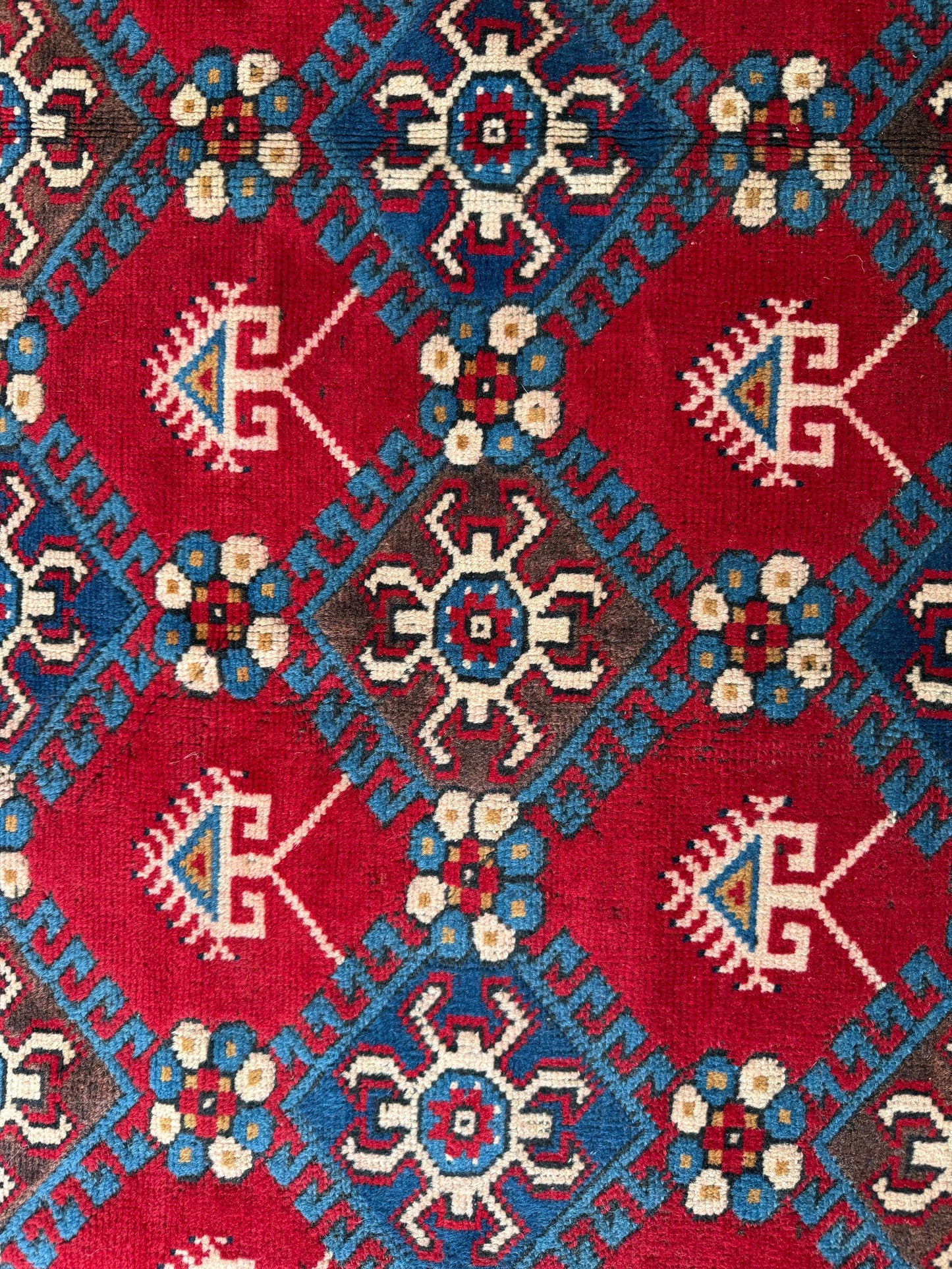 10x7 ft 1940s Hand-Knotted Caucasian Geometric Wool Rug: Vintage Tribal Design