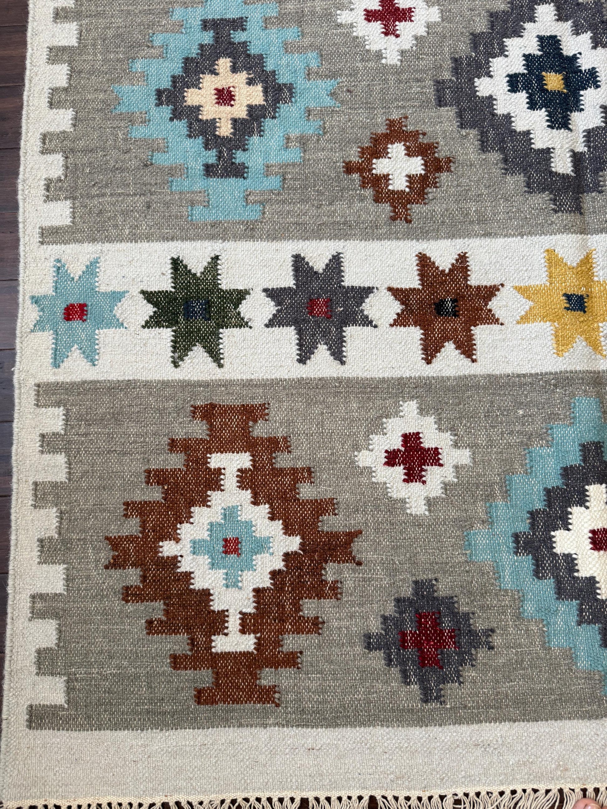 5x8 ft Anatolian Kilim Rug: Hand Knotted Scandinavian Geometric Wool Carpet
