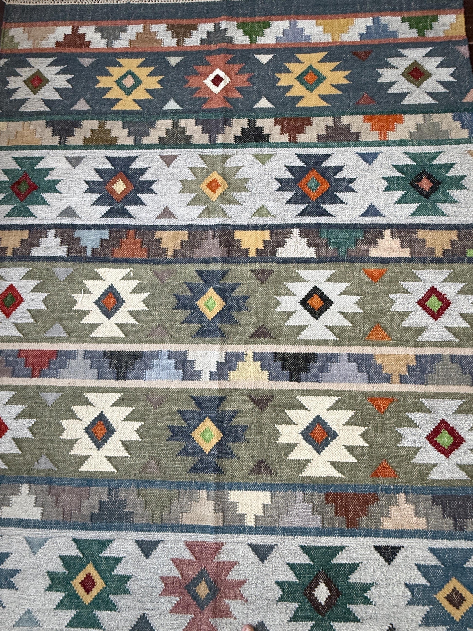 5x8 ft Anatolian Kilim Rug: Hand Knotted Modern Geometric Wool Carpet
