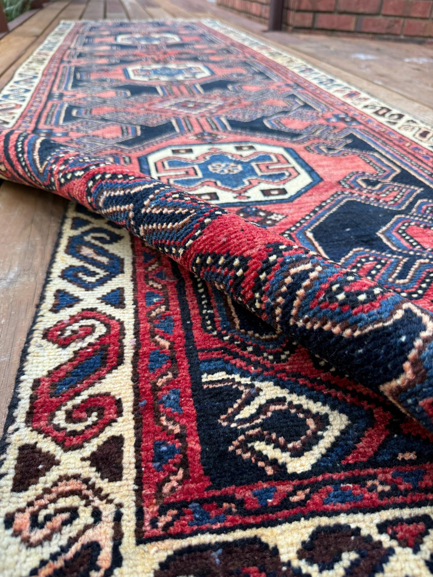 2.10x10 ft Vintage 1940s Anatolian Runner Rug: Hand Knotted Wool Village Carpet, Geometric Tribal Design