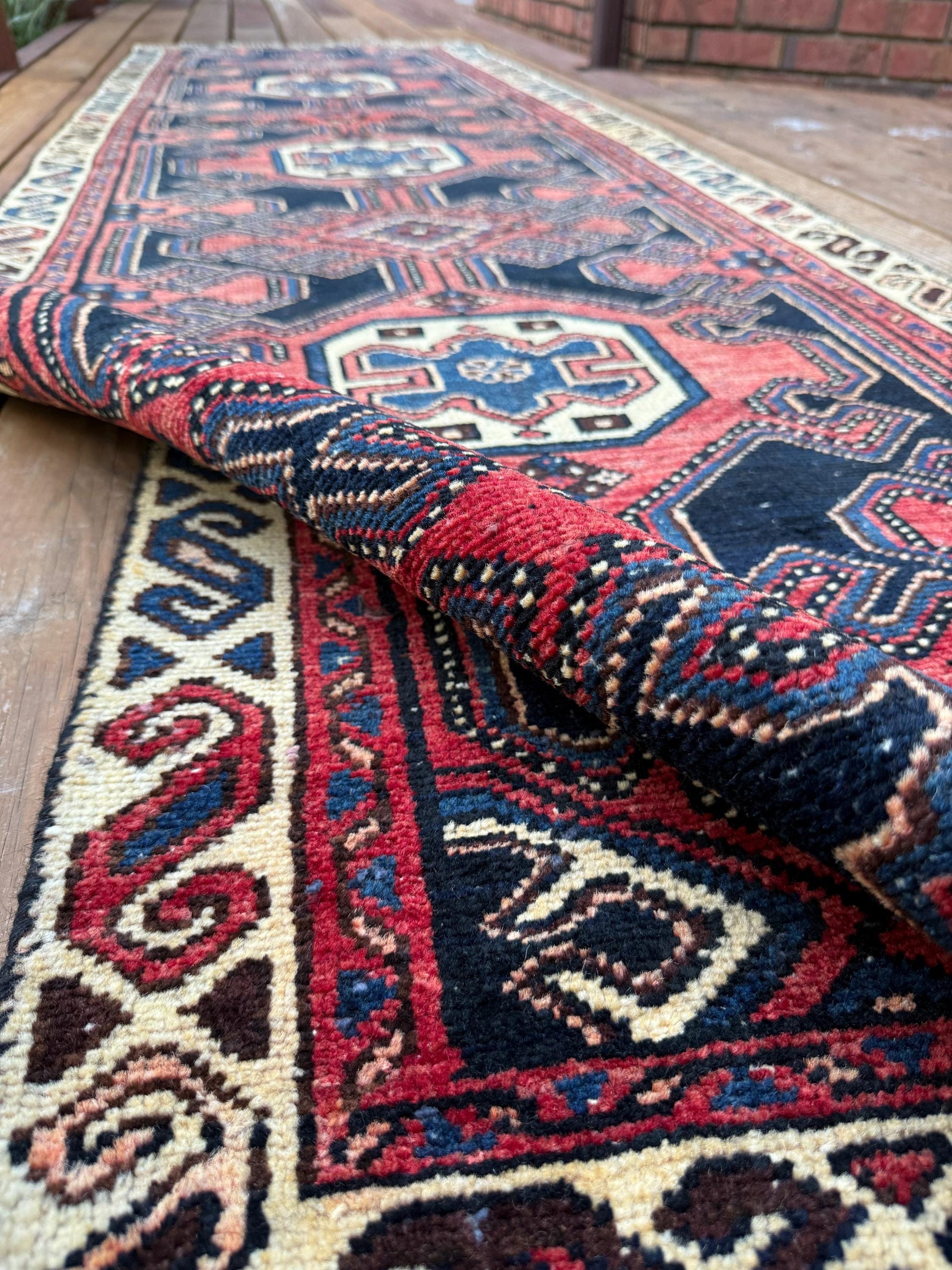 2.10x10 ft Vintage 1940s Anatolian Runner Rug: Hand Knotted Wool Village Carpet, Geometric Tribal Design