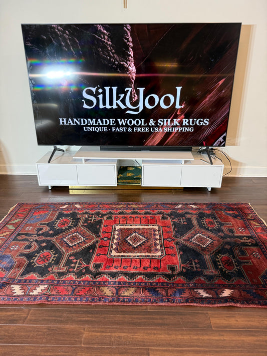 4x7 ft Anatolian 1940s Geometric Rug: Hand Knotted Wool Farmhouse Runner