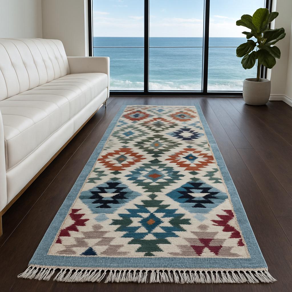 2x6 ft Handwoven Wool Kilim Runner Rug: Modern Anatolian Design