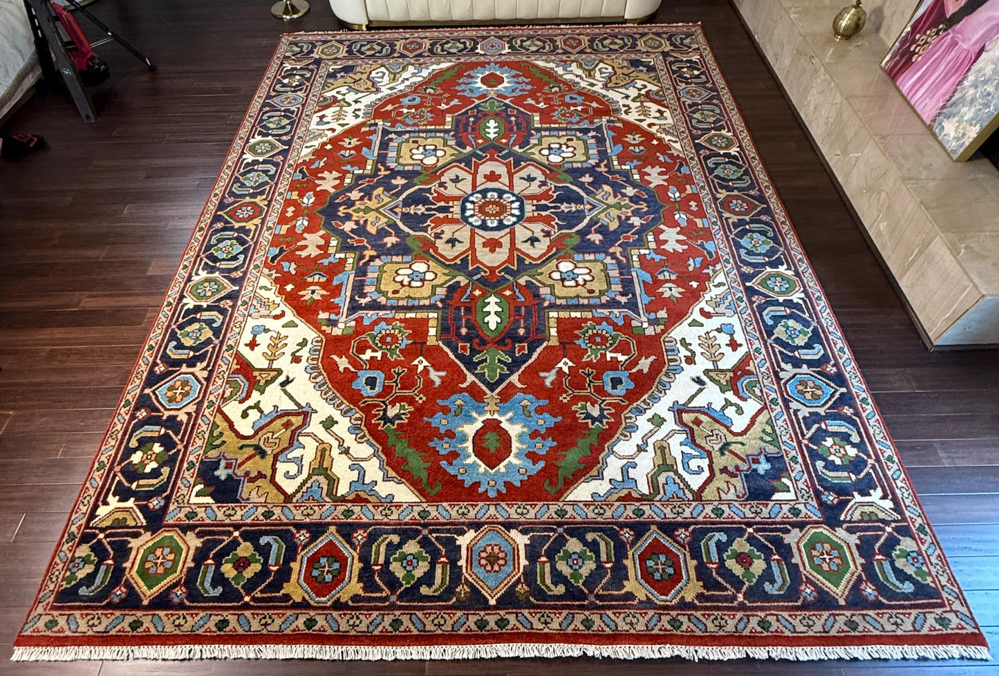 9x12 ft Heriz Rug: Hand-Knotted Wool Carpet, Contemporary Oriental Style