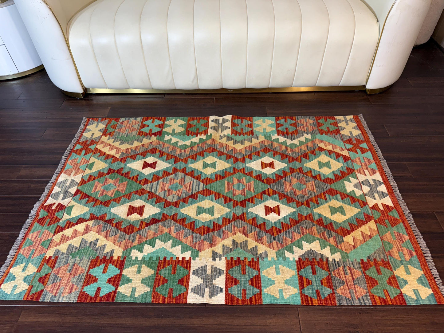 3.5x5 ft Hand-Knotted Wool Chobi Kilim Rug: Geometric Tribal Design
