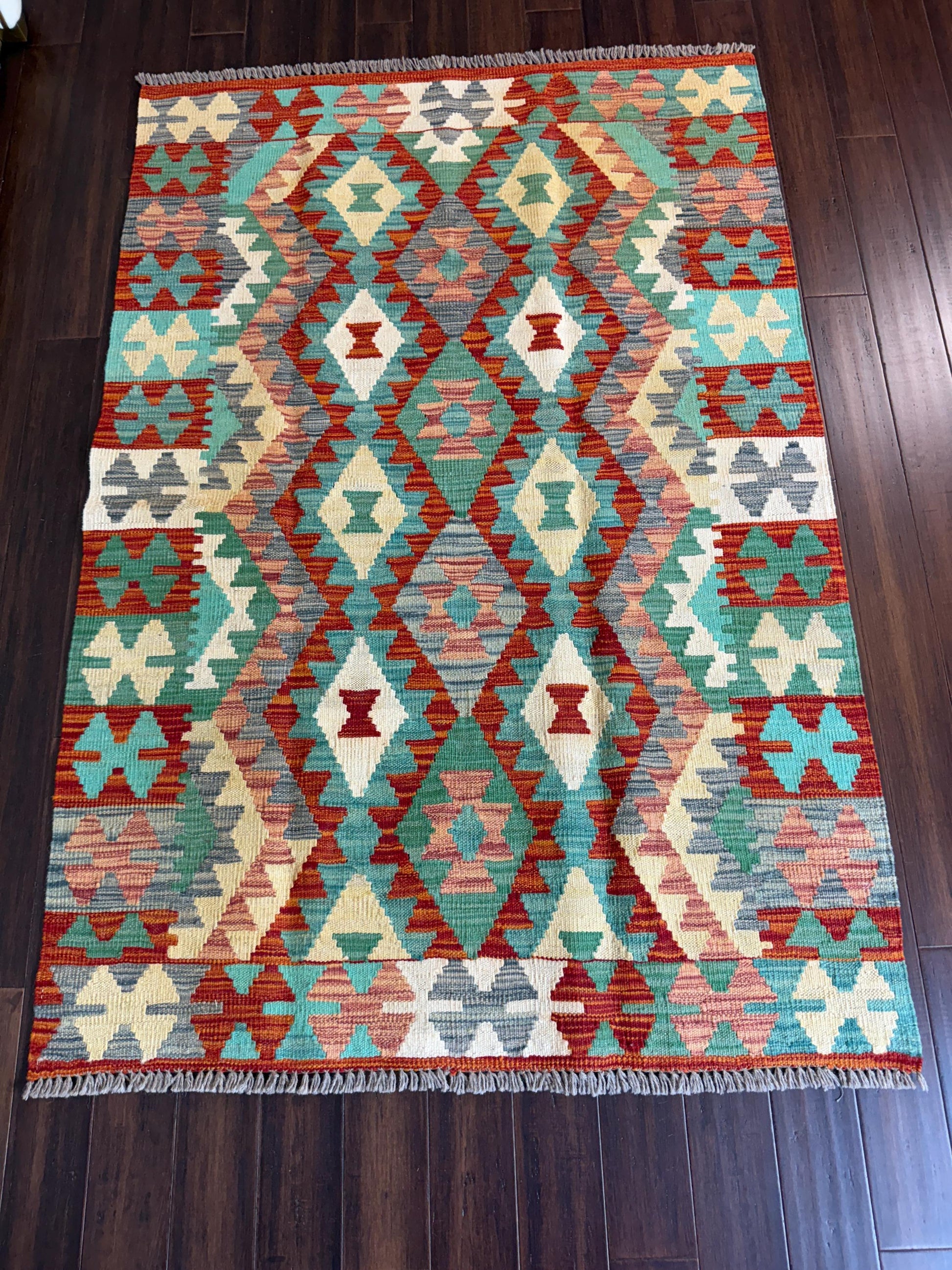 3.5x5 ft Hand-Knotted Wool Chobi Kilim Rug: Geometric Tribal Design