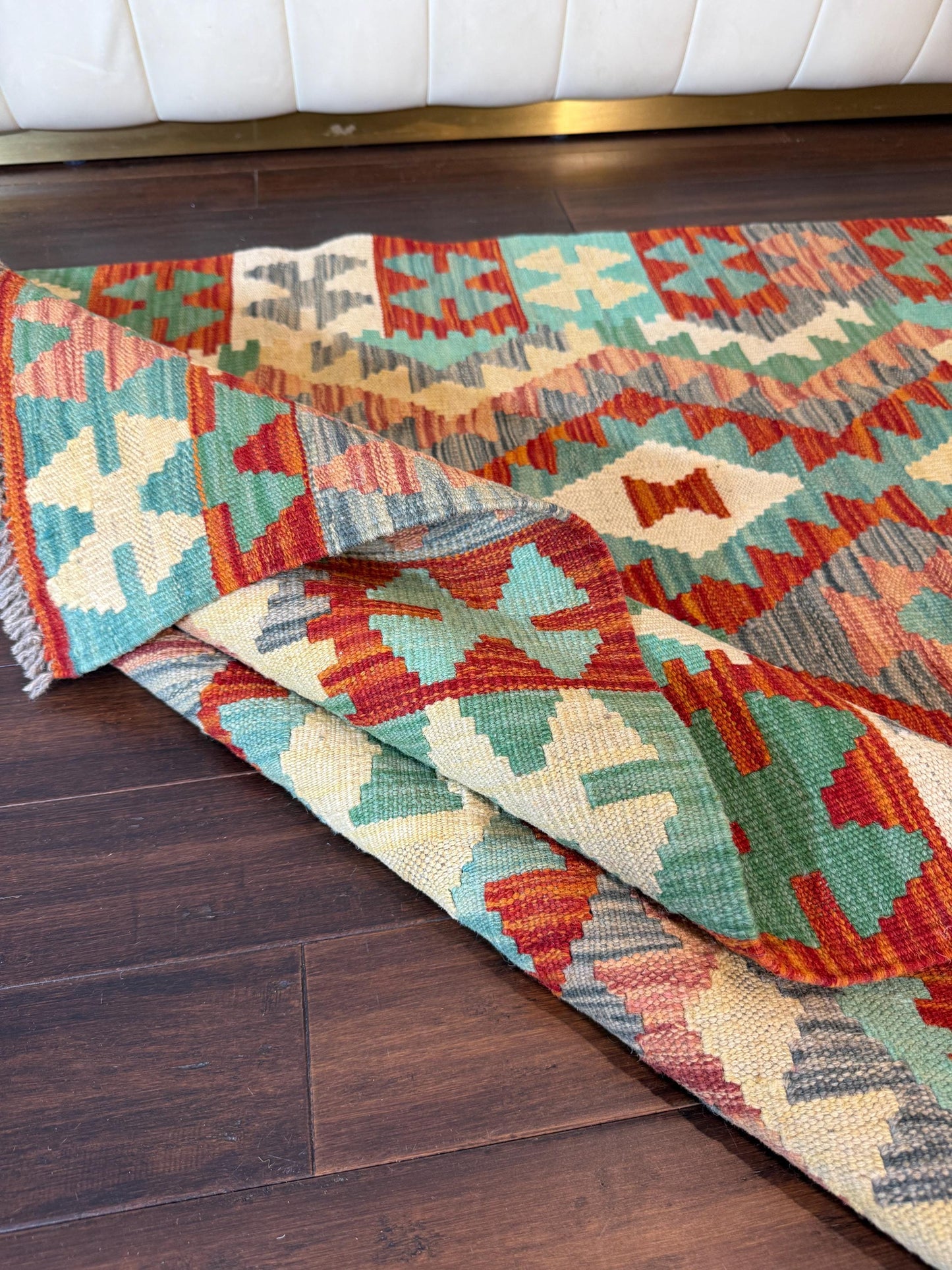 3.5x5 ft Hand-Knotted Wool Chobi Kilim Rug: Geometric Tribal Design