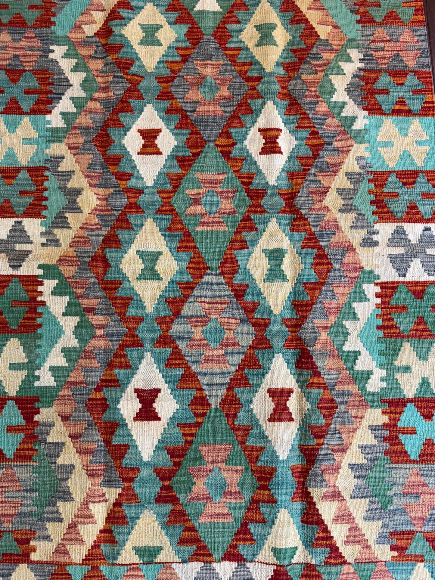 3.5x5 ft Hand-Knotted Wool Chobi Kilim Rug: Geometric Tribal Design