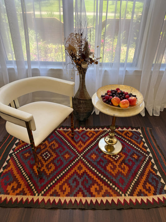 6x3 ft Vintage Maimana Kilim Rug: Hand-Knotted Wool Tribal Flatweave