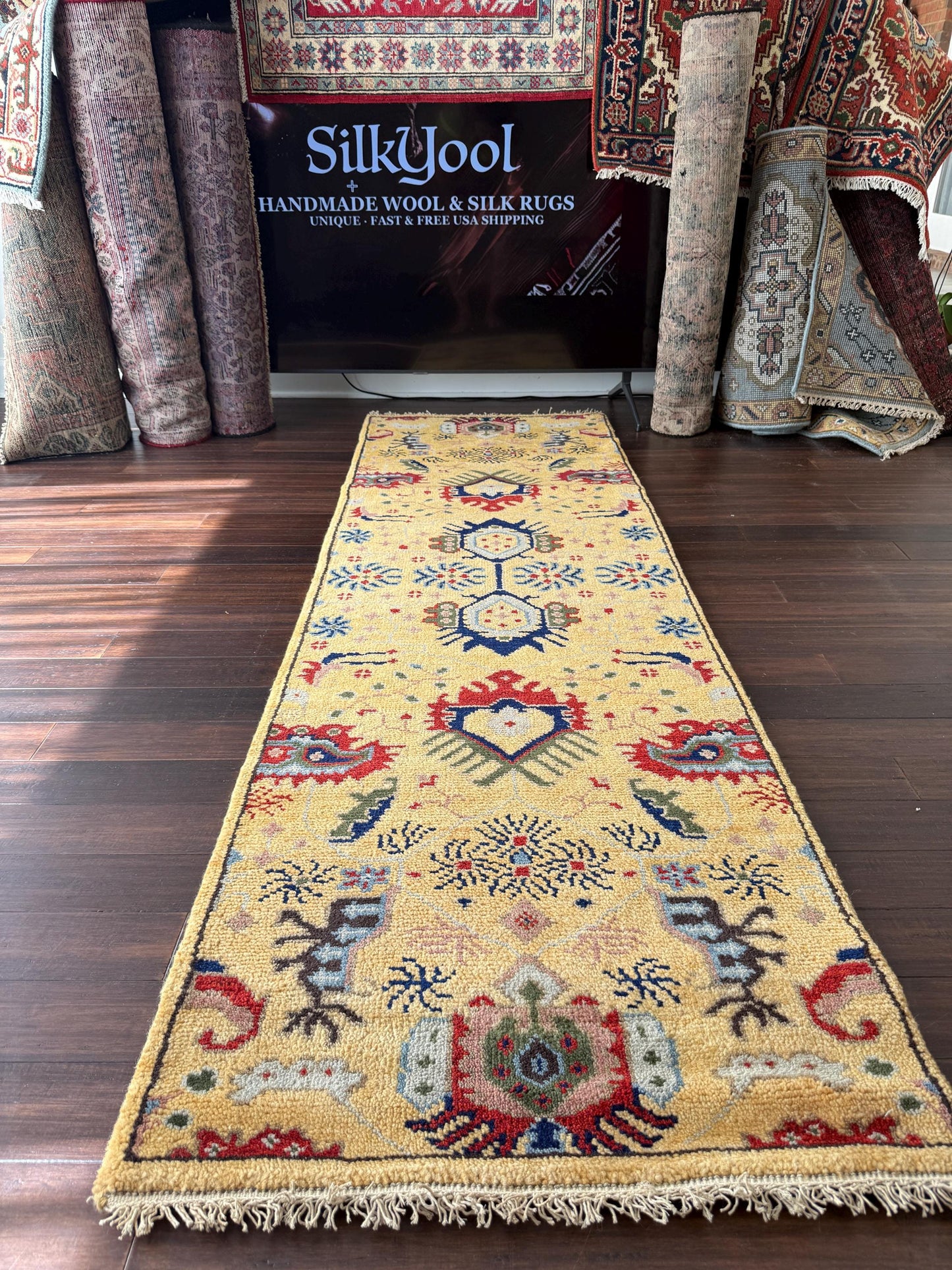 2.6 x 7.10 ft Hand Knotted Oushak Runner Rug: Bohemian Wool Hallway Carpet