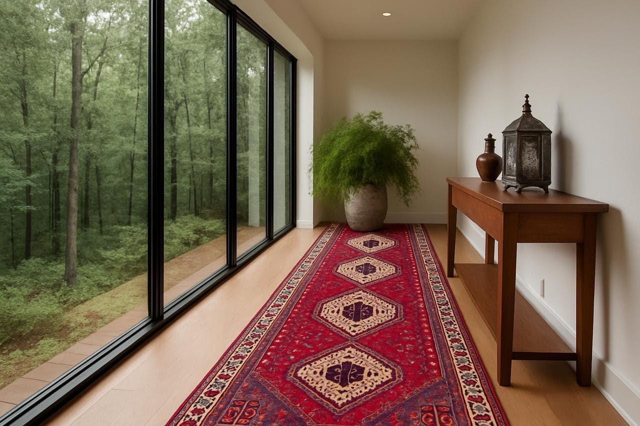 9x3 ft Vintage 1970s Mai Mai Runner Rug: Hand Knotted Wool Tribal Nomadic Desig Carpet