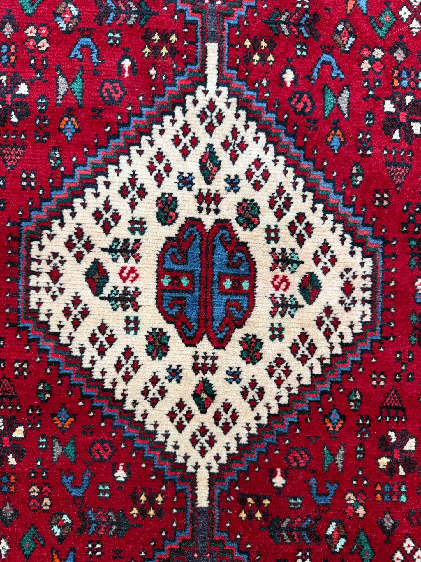 9x3 ft Vintage 1970s Mai Mai Runner Rug: Hand Knotted Wool Tribal Nomadic Desig Carpet