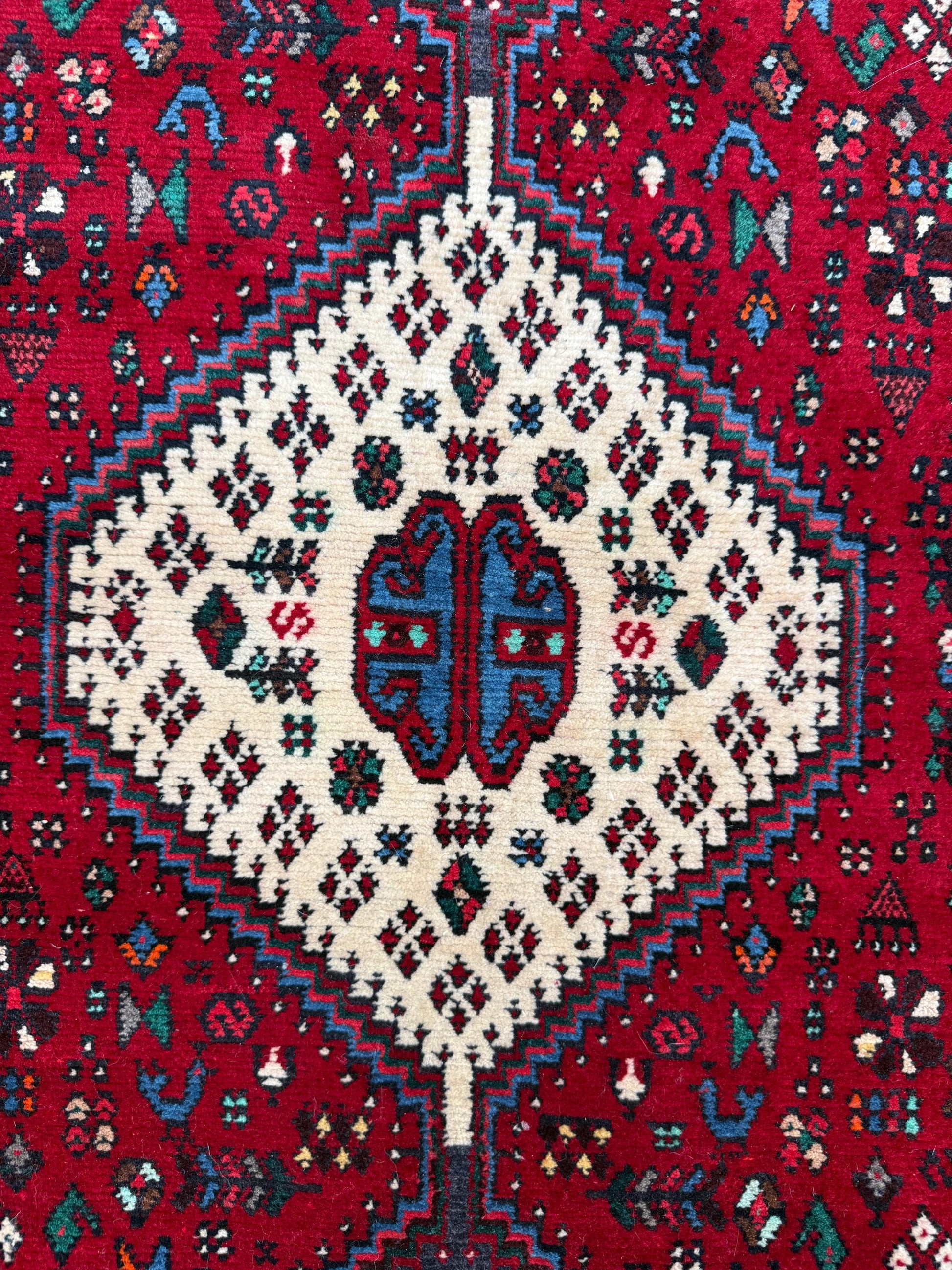 9x3 ft Vintage 1970s Mai Mai Runner Rug: Hand Knotted Wool Tribal Nomadic Desig Carpet