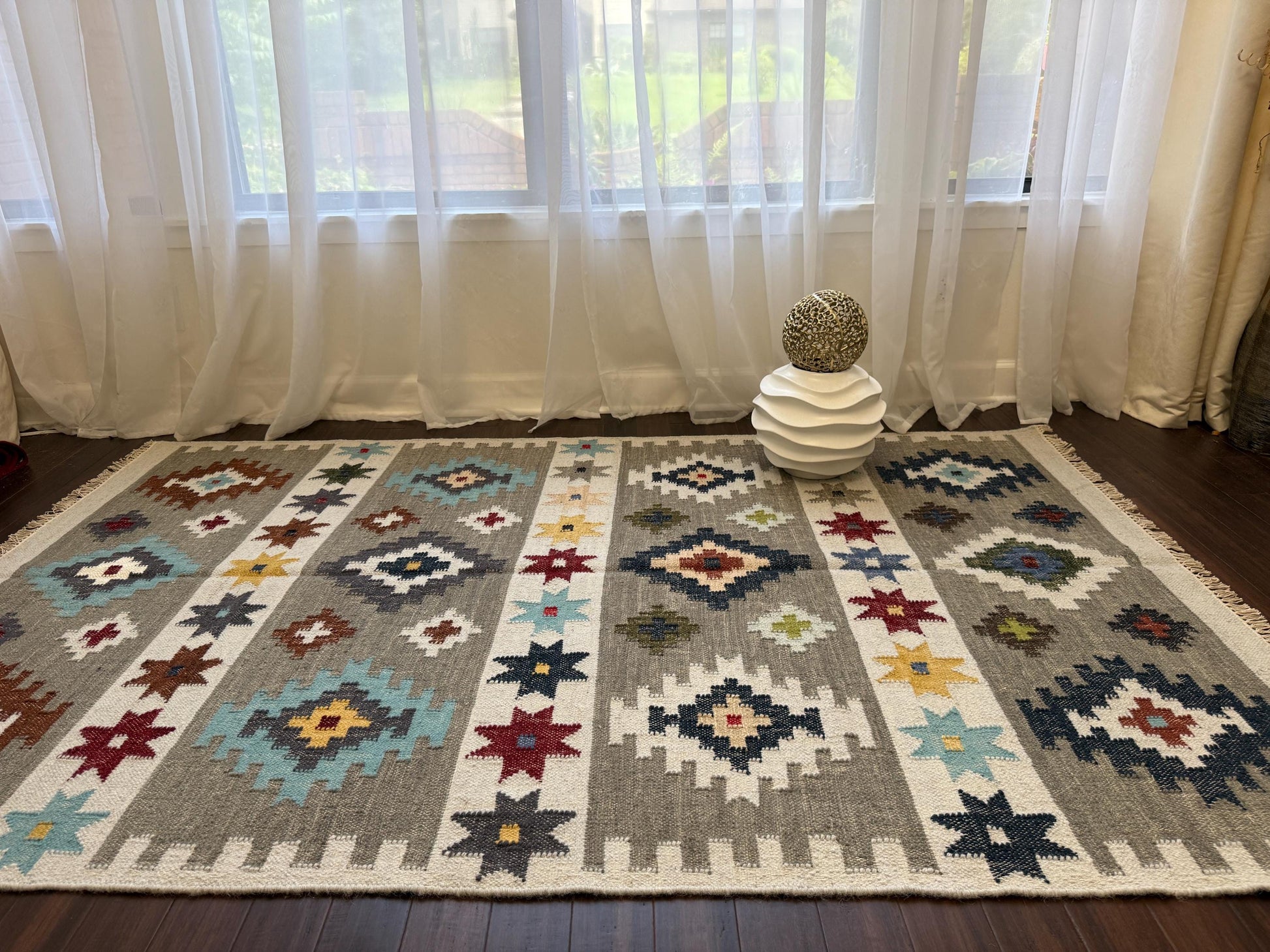 5x8 ft Anatolian Kilim Rug: Hand Knotted Scandinavian Geometric Wool Carpet