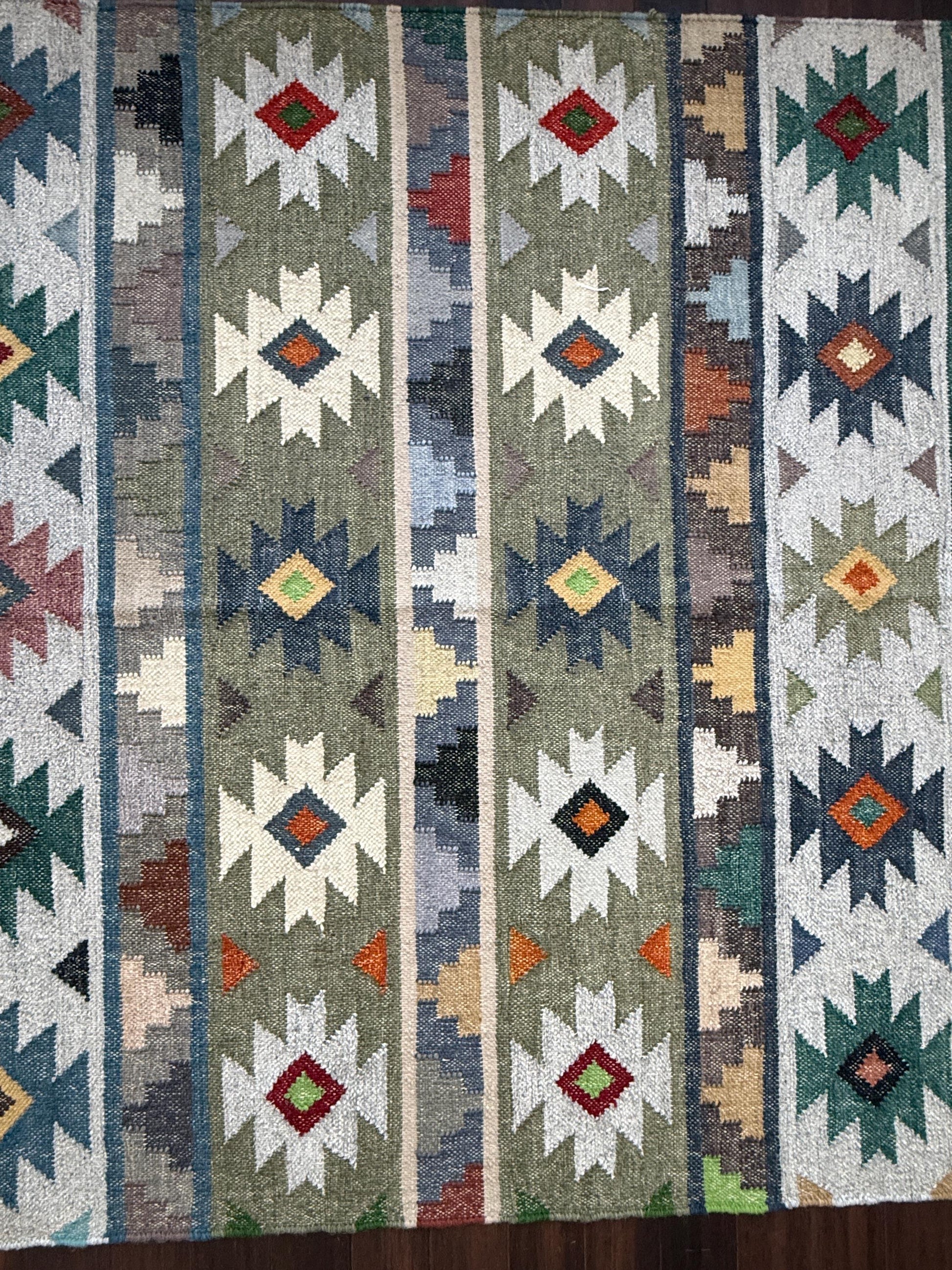 5x8 ft Anatolian Kilim Rug: Hand Knotted Modern Geometric Wool Carpet