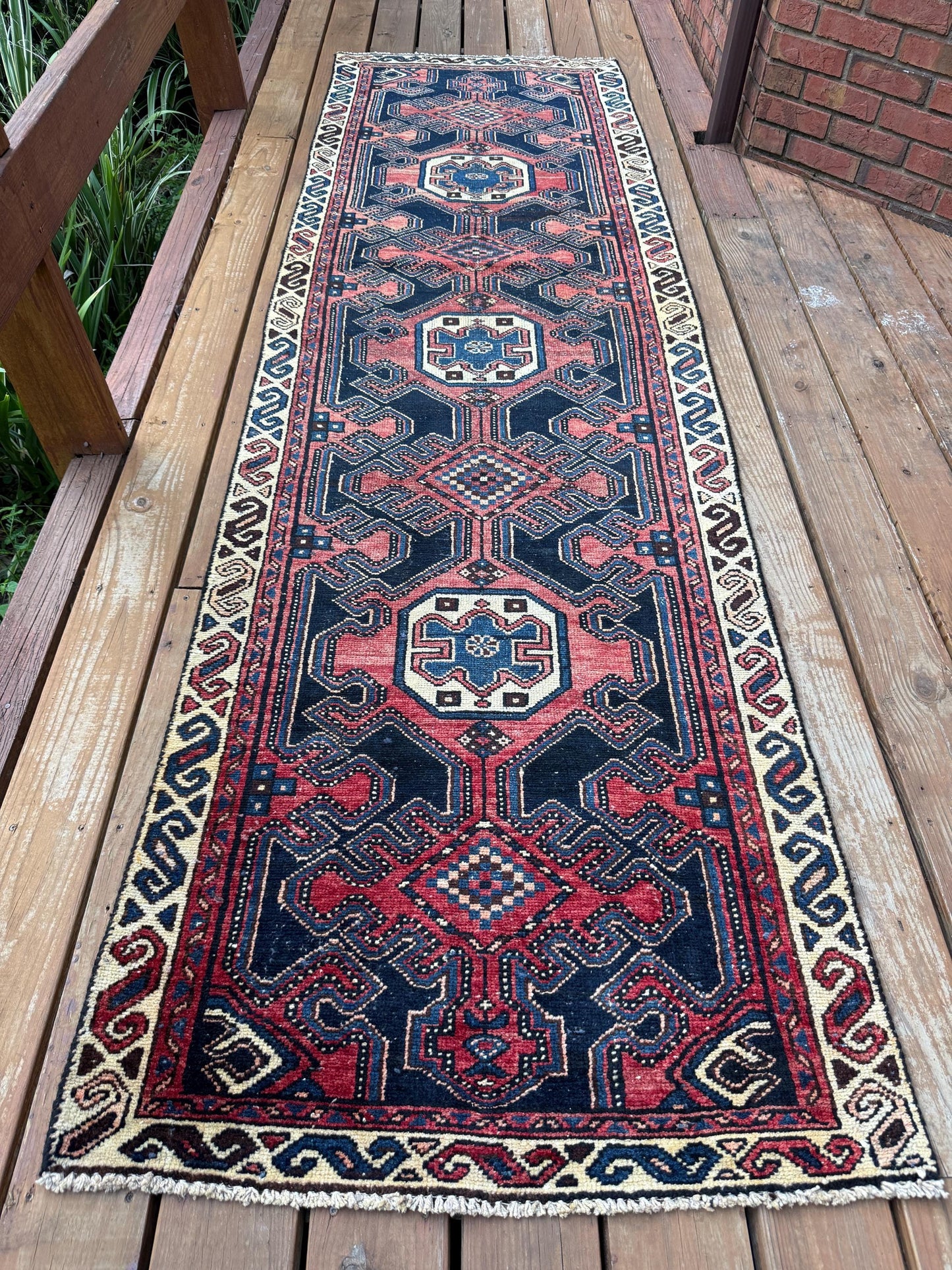 2.10x10 ft Vintage 1940s Anatolian Runner Rug: Hand Knotted Wool Village Carpet, Geometric Tribal Design