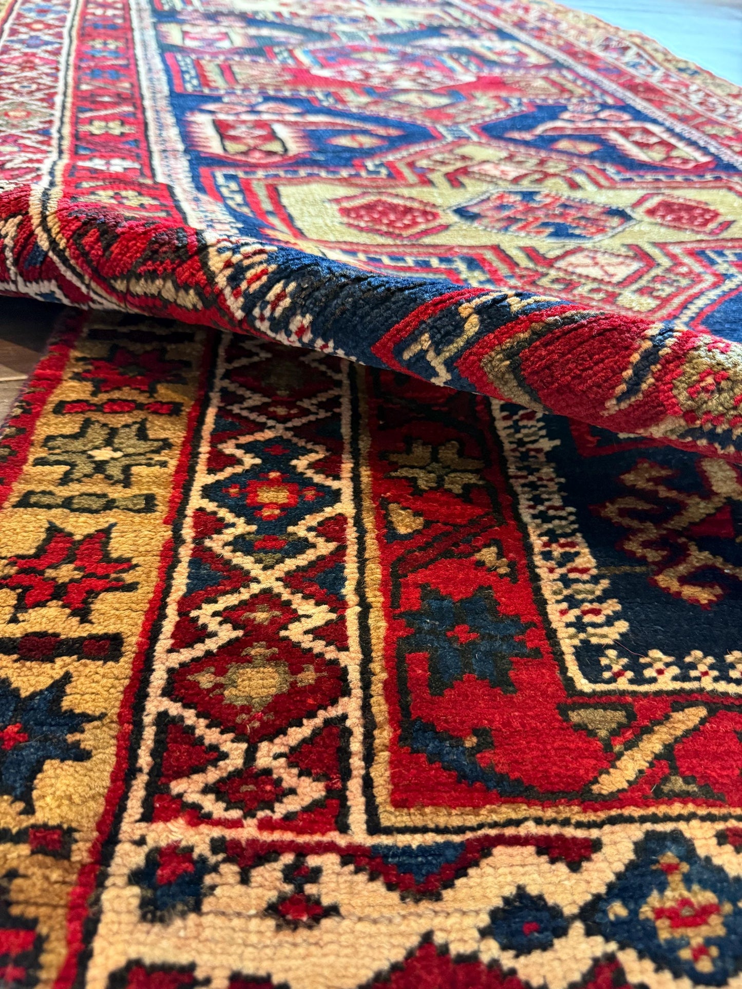 4x11 ft Vintage 1980s Tribal Heriz Runner Rug: Hand Knotted Wool Design