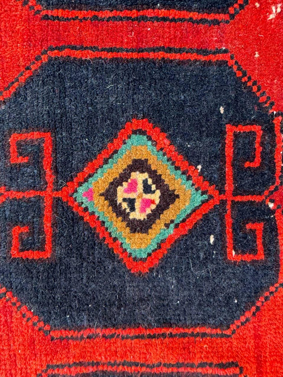 1x3 ft 1930s Village Rug: Hand Knotted Wool Geometric Accent