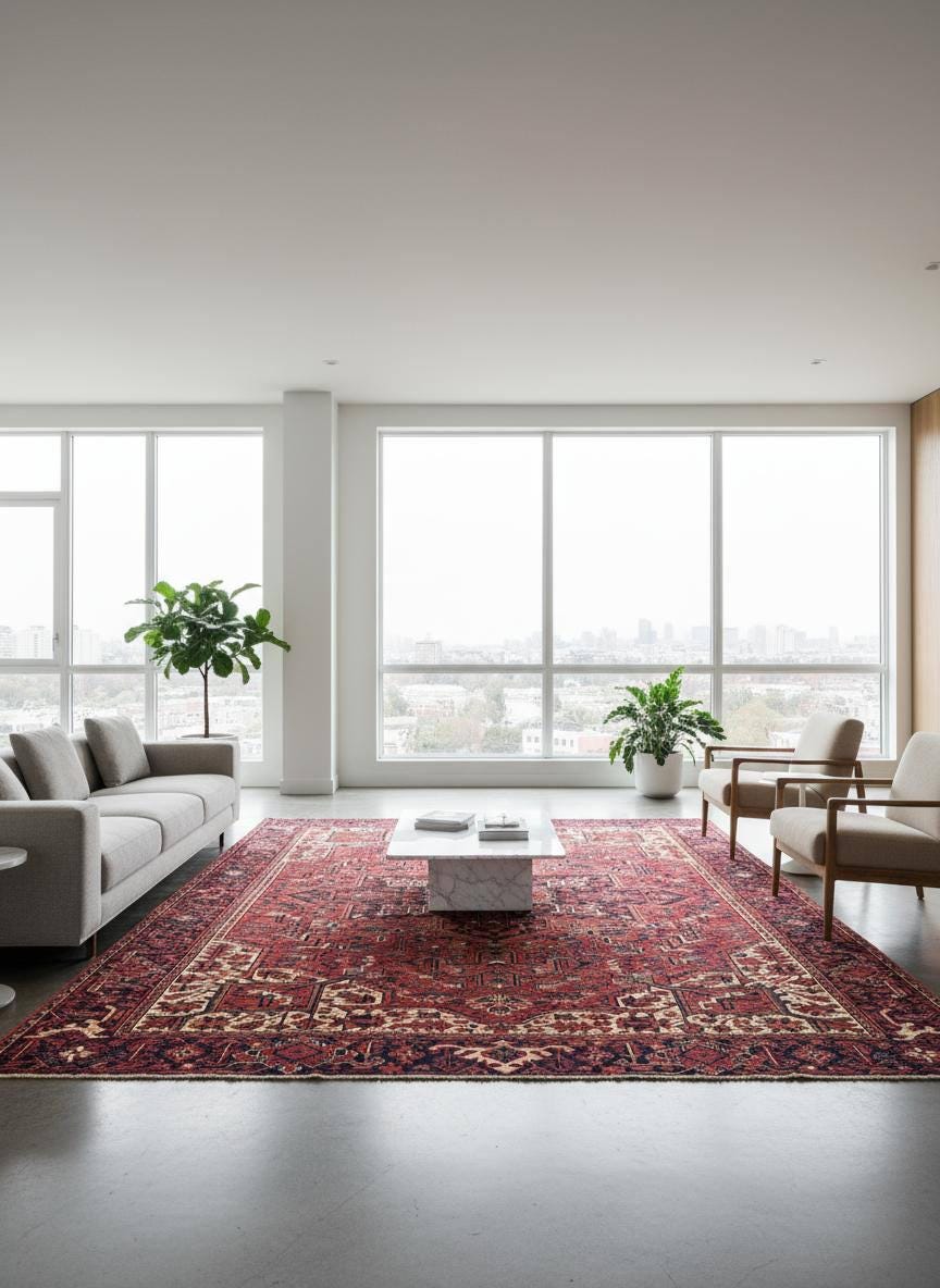 9x12 ft. Heriz Geometric Rug, 1930s Vintage Hand Knotted Wool Carpet, Large Oriental Area Rug
