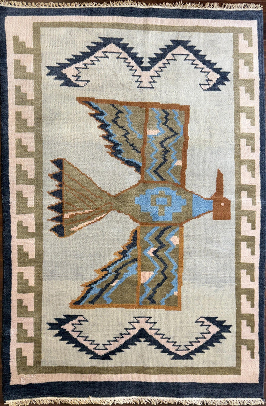 4x6 ft Eagle Navajo Birds Oushak Rug Handmade Wool Area Rug, Multicolored Boho Carpet, Modern Bohemian Decor, Oriental Vintage Style